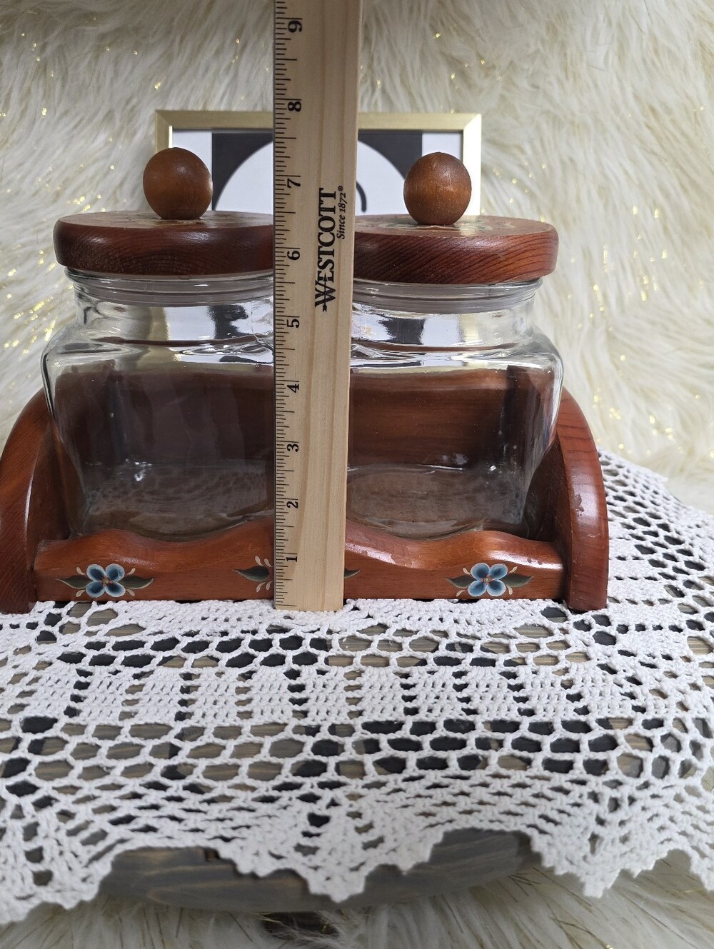 VINTAGE NORWEGIAN ROSEMALING HANDPAINTED GLASS JAR WOOD LID AND STORAGE RACK - Picture 8 of 13